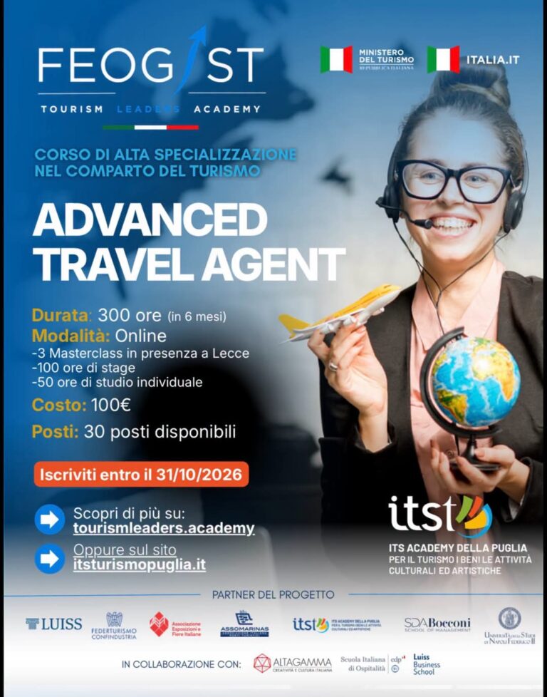 La locandina del corso Advanced Travel Agent della ITS Academy della Puglia, 300 ore
