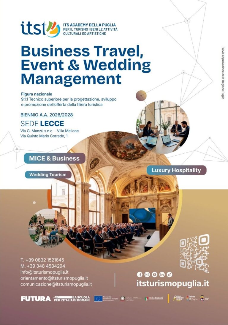 La locandina del percorso ITS Business Travel, Event e Wedding Management, biennio 2026-2028, sede di Lecce