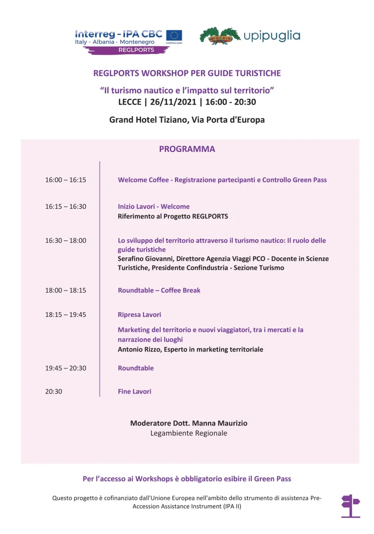 Il manifesto di REGLPORTS — due workshop formativi — Lecce, 26 e 27 novembre 2021